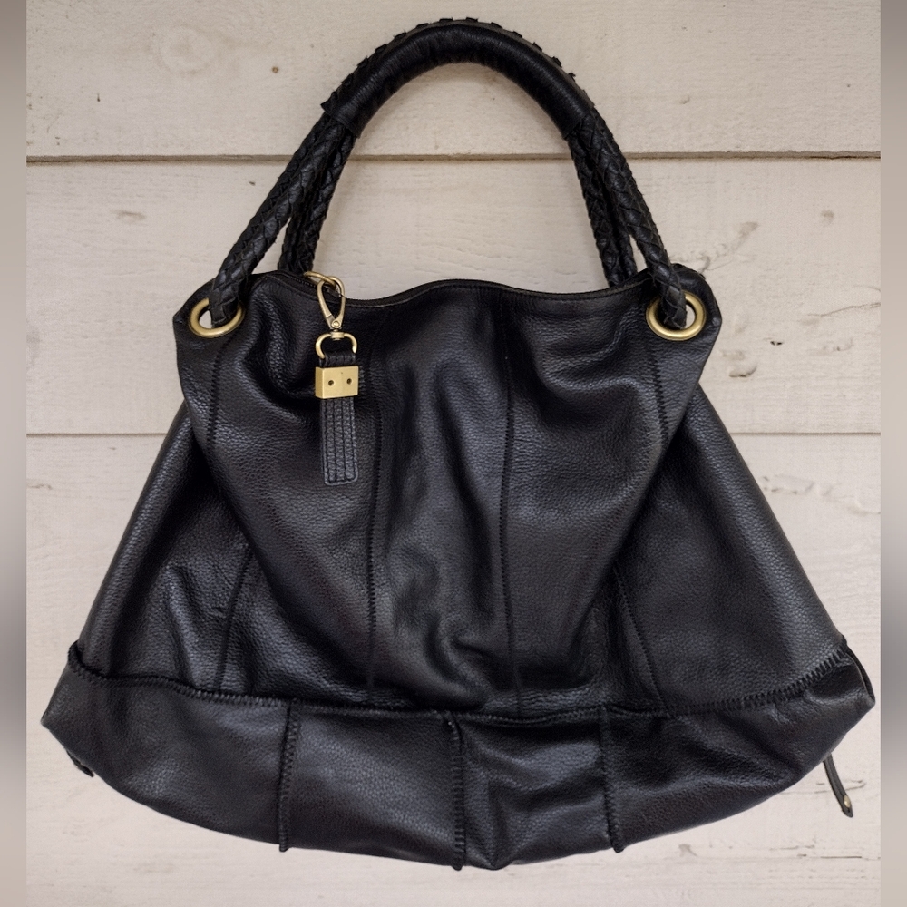 Buxton Black Leather Shoulder Bag with Braided Handles